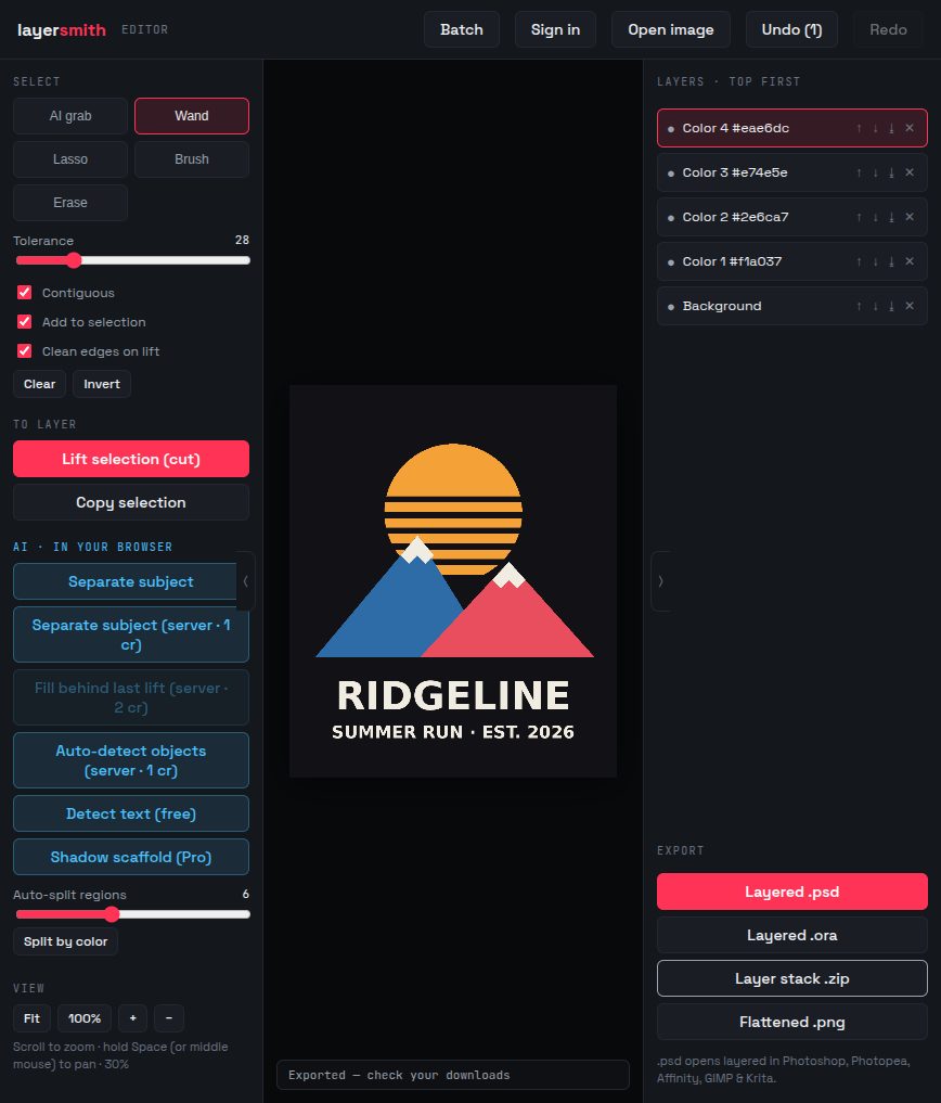 Layersmith editor showing a t-shirt design split into color layers