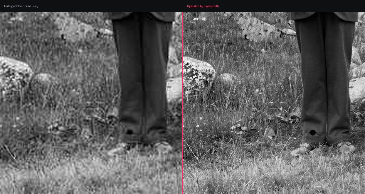 Side-by-side comparison: conventional enlargement is blurred, while Layersmith resolves individual blades of grass and texture on the rocks